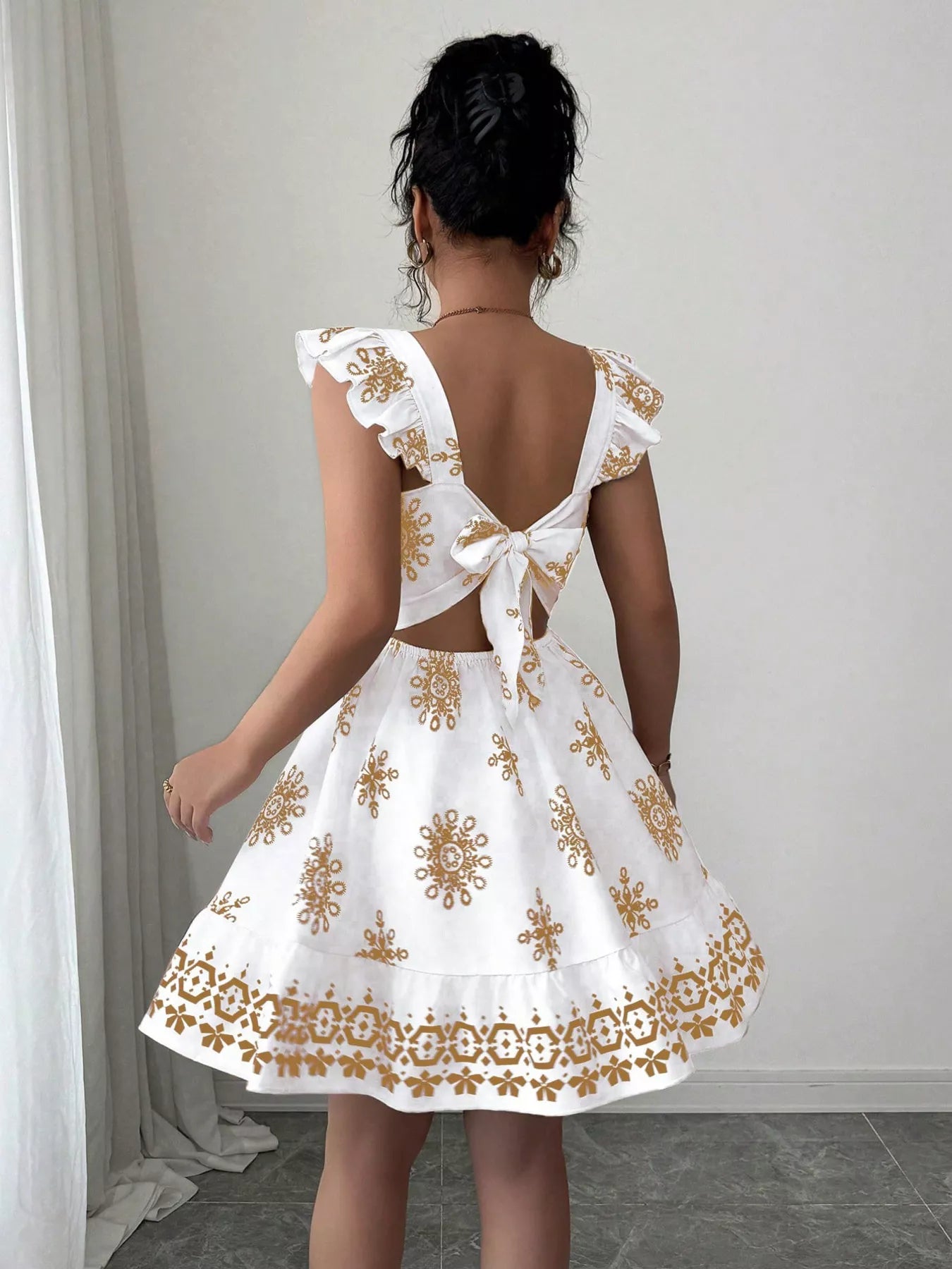Printed Bow Back Square Neck Mini Dress