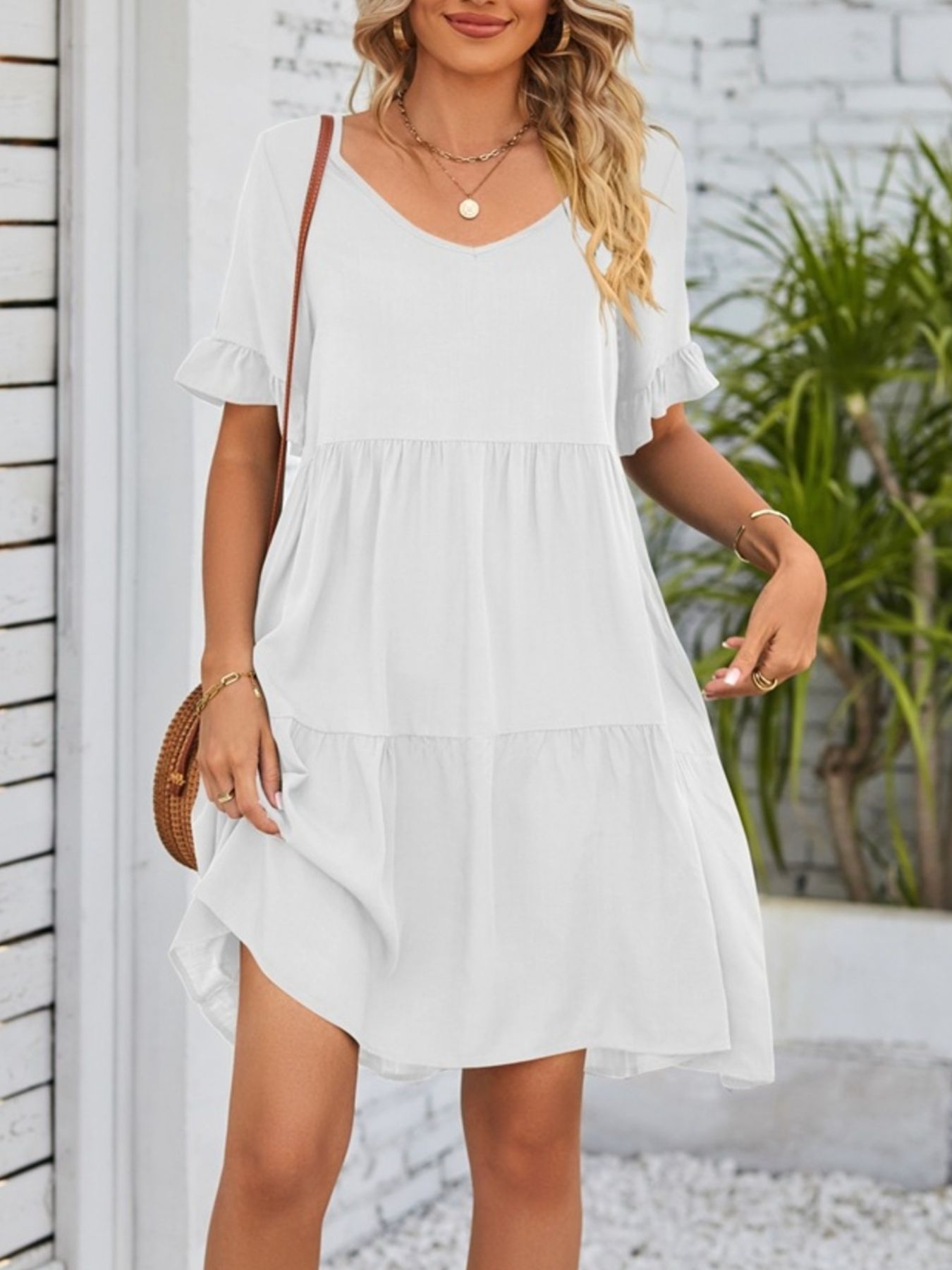 Ruffled Sleeve Tiered Mini Dress