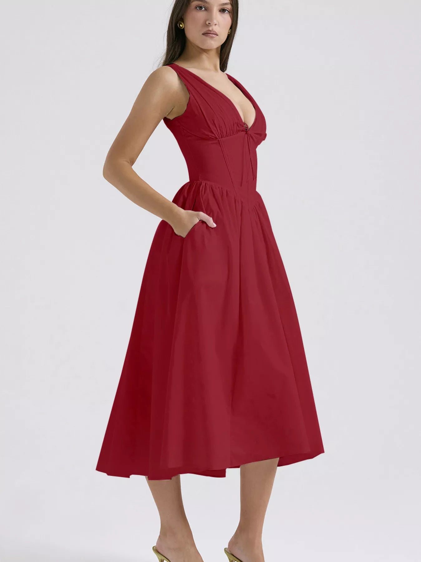 V-Neck Sleeveless Midi Dress