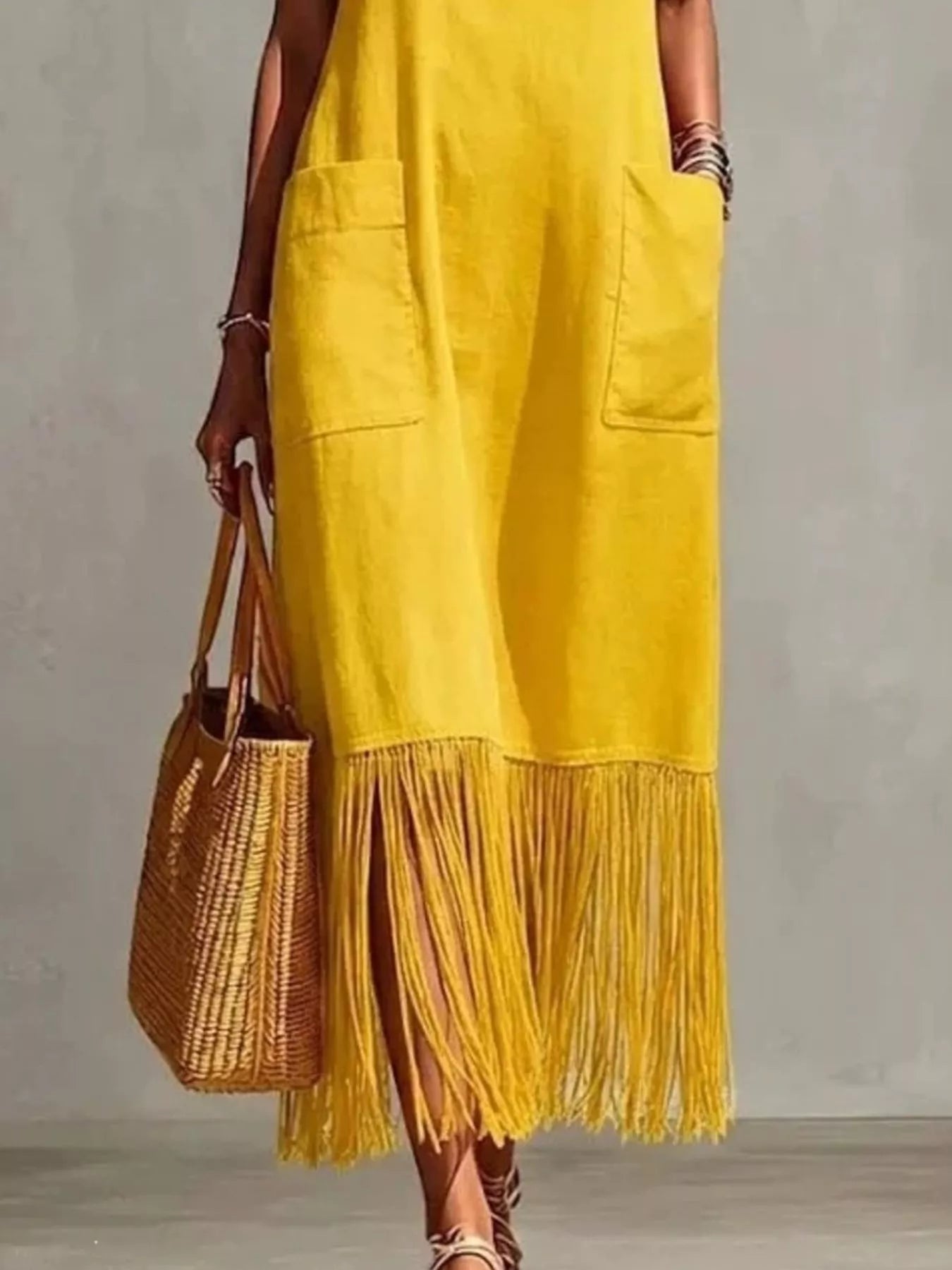 Full Size Fringe V-Neck Spaghetti Strap Dress Plus Size