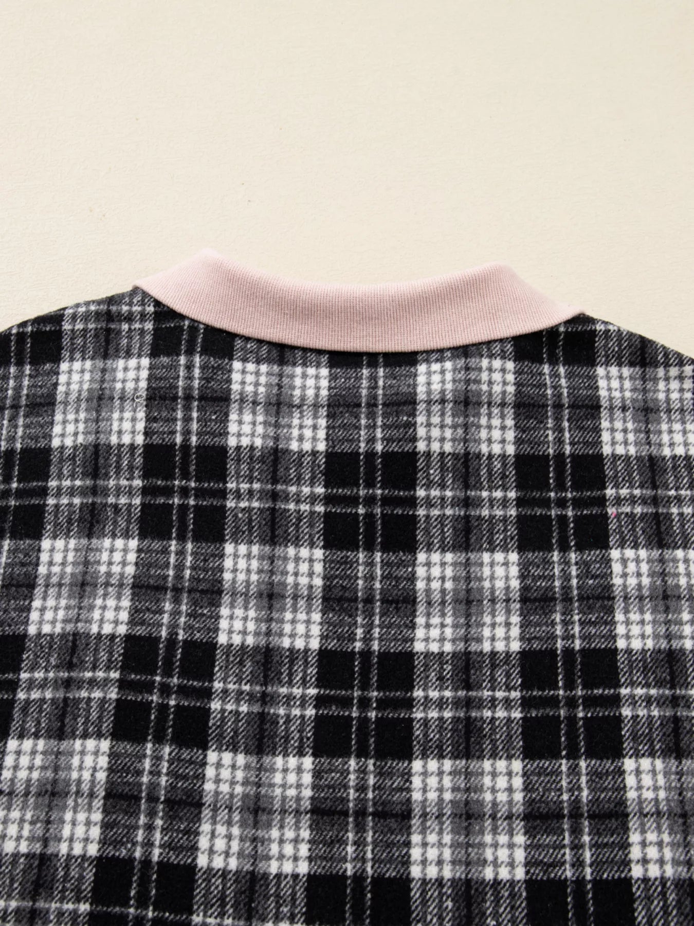 Plaid Polo Collar Zip up Contrast Trim Shift Long Sleeve Mini Dress