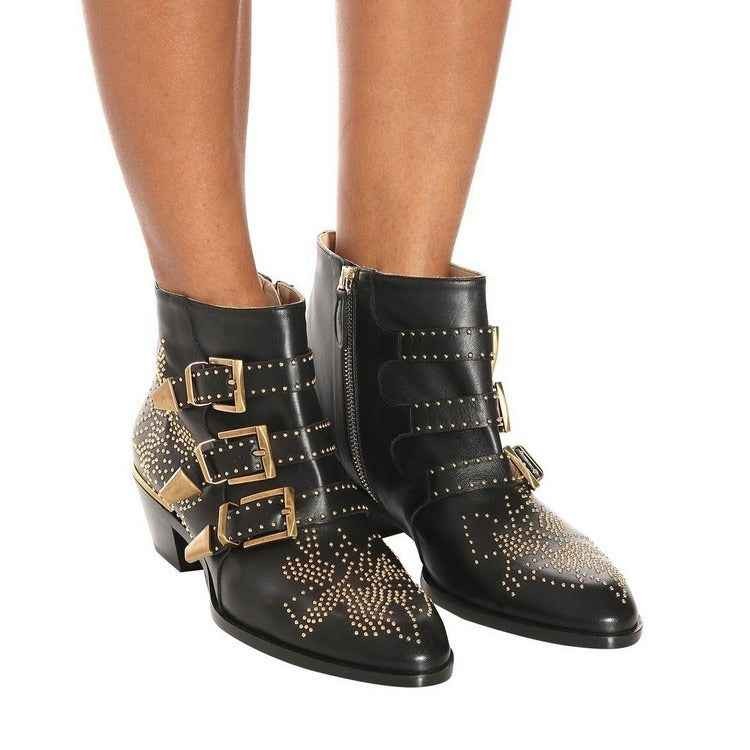 Studded Snake Skin Ankle Boots For Woman Buckle Strap Genuine Leather Chunky Heel Martin Boots Women Luxury