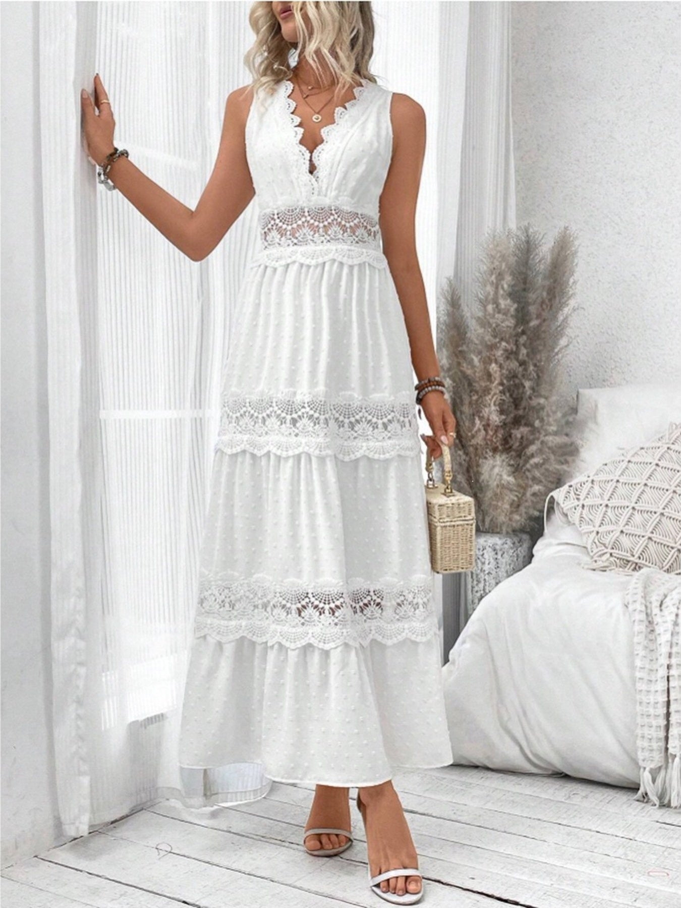 Full Size Lace Tied Swiss Dot Sleeveless Maxi Dress Plus Size