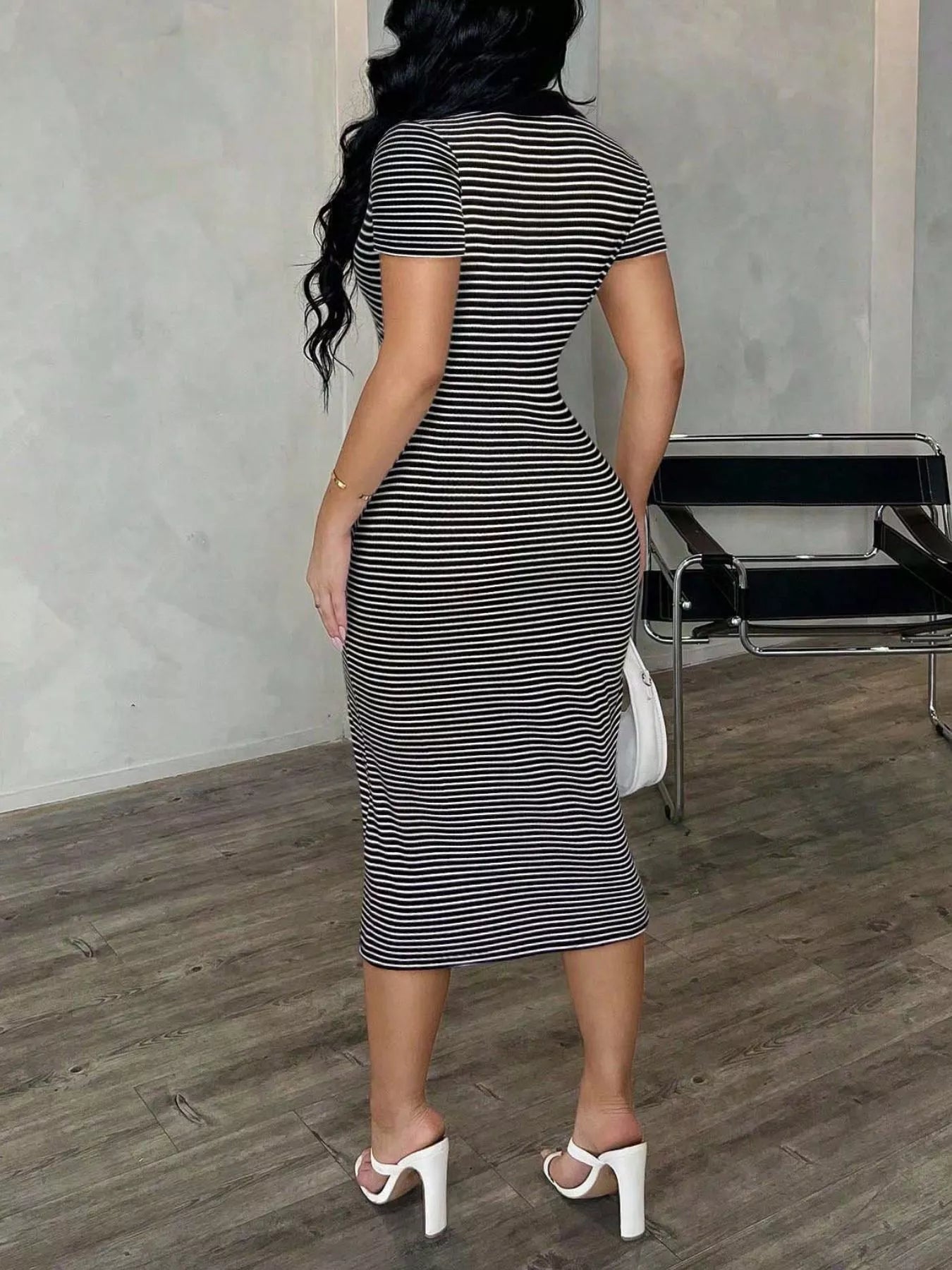 Striped Polo Collar Midi Dress