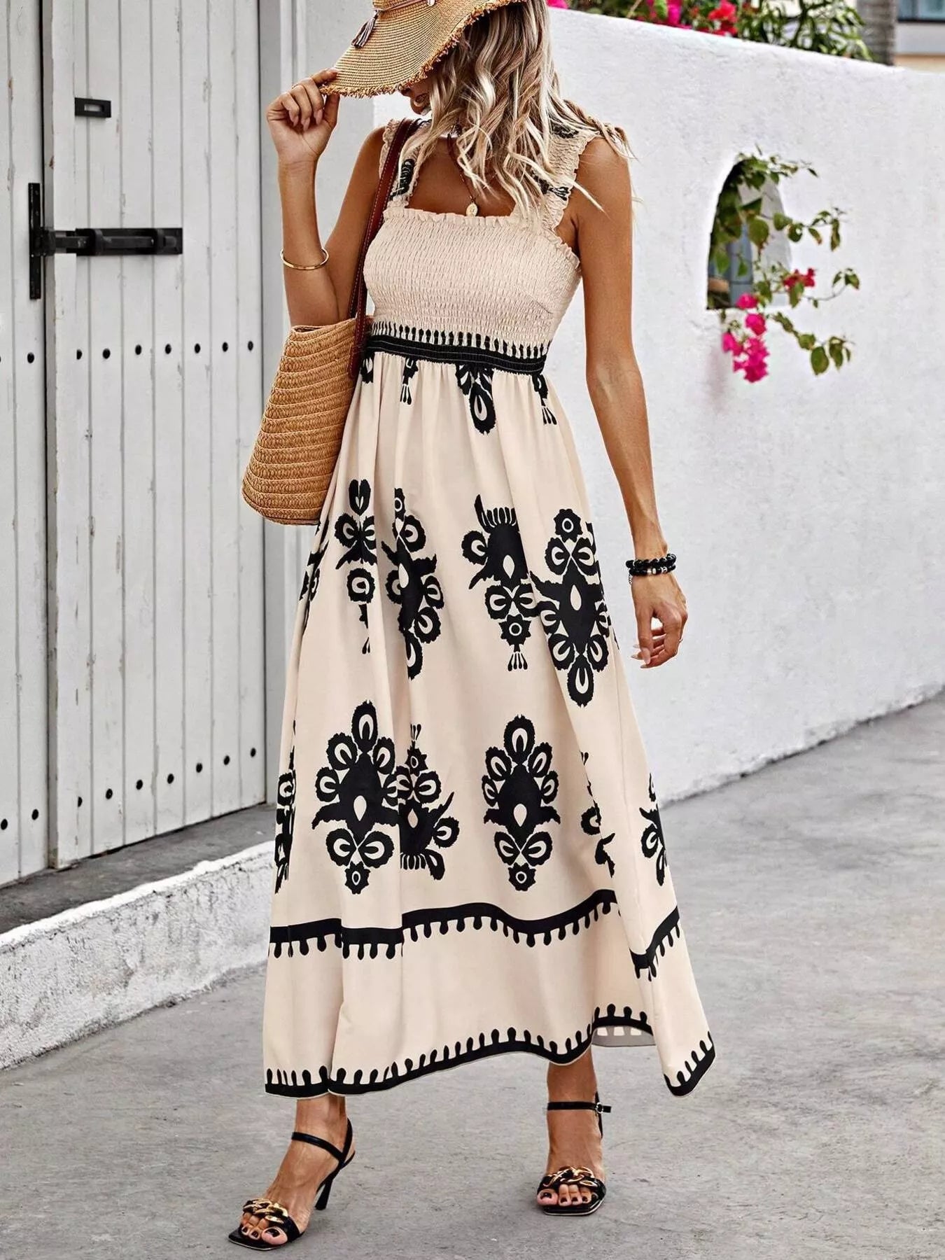 Smocked Printed Square Neck Maxi Dress