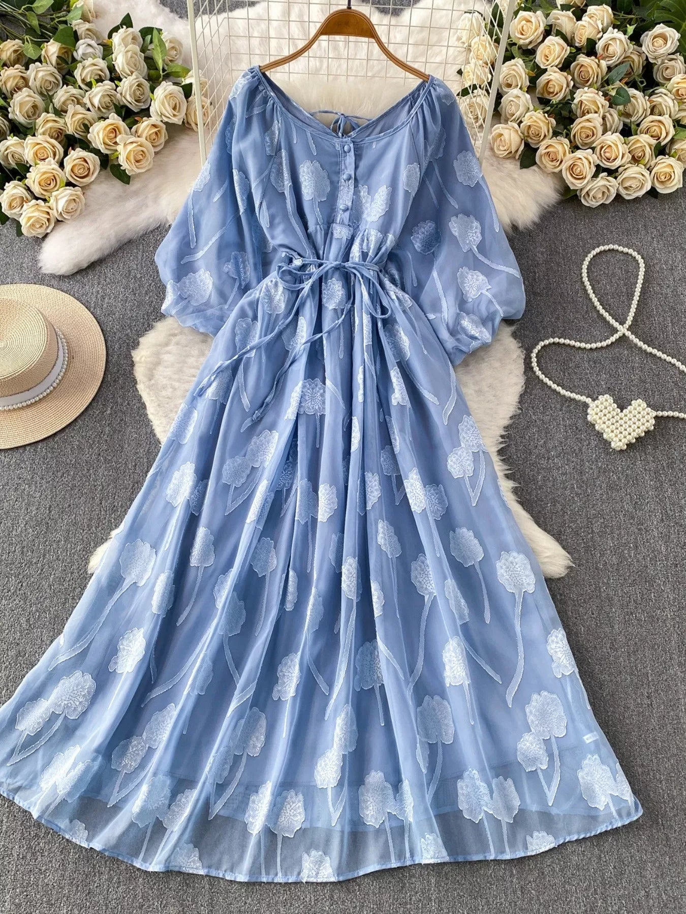 Button Front Puff Sleeve Chiffon Dress