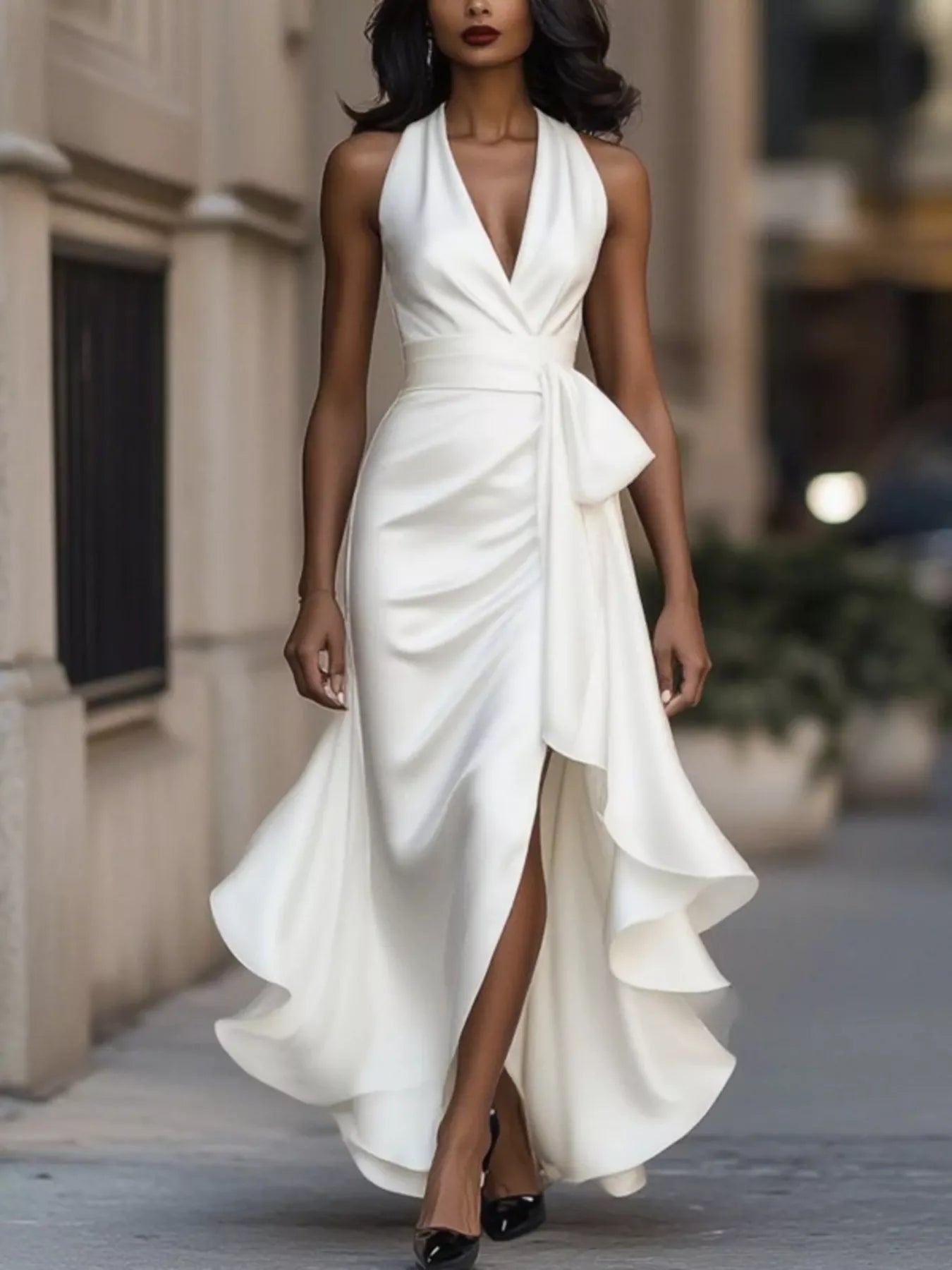 Full Size High-Low Ruffled Satin Maxi Dress Plus Size