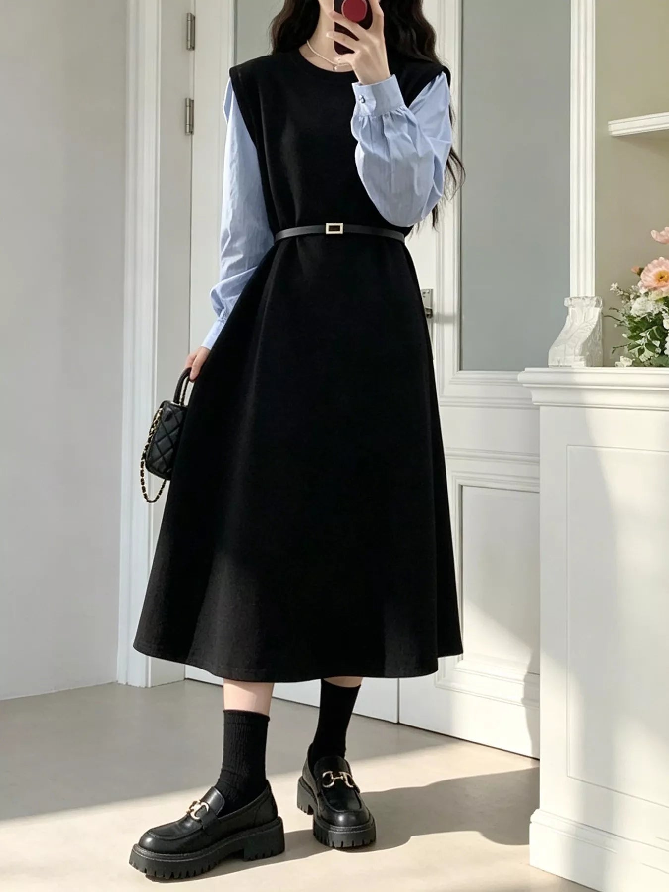 Contrast Sleeve A-Line Dress with Belt