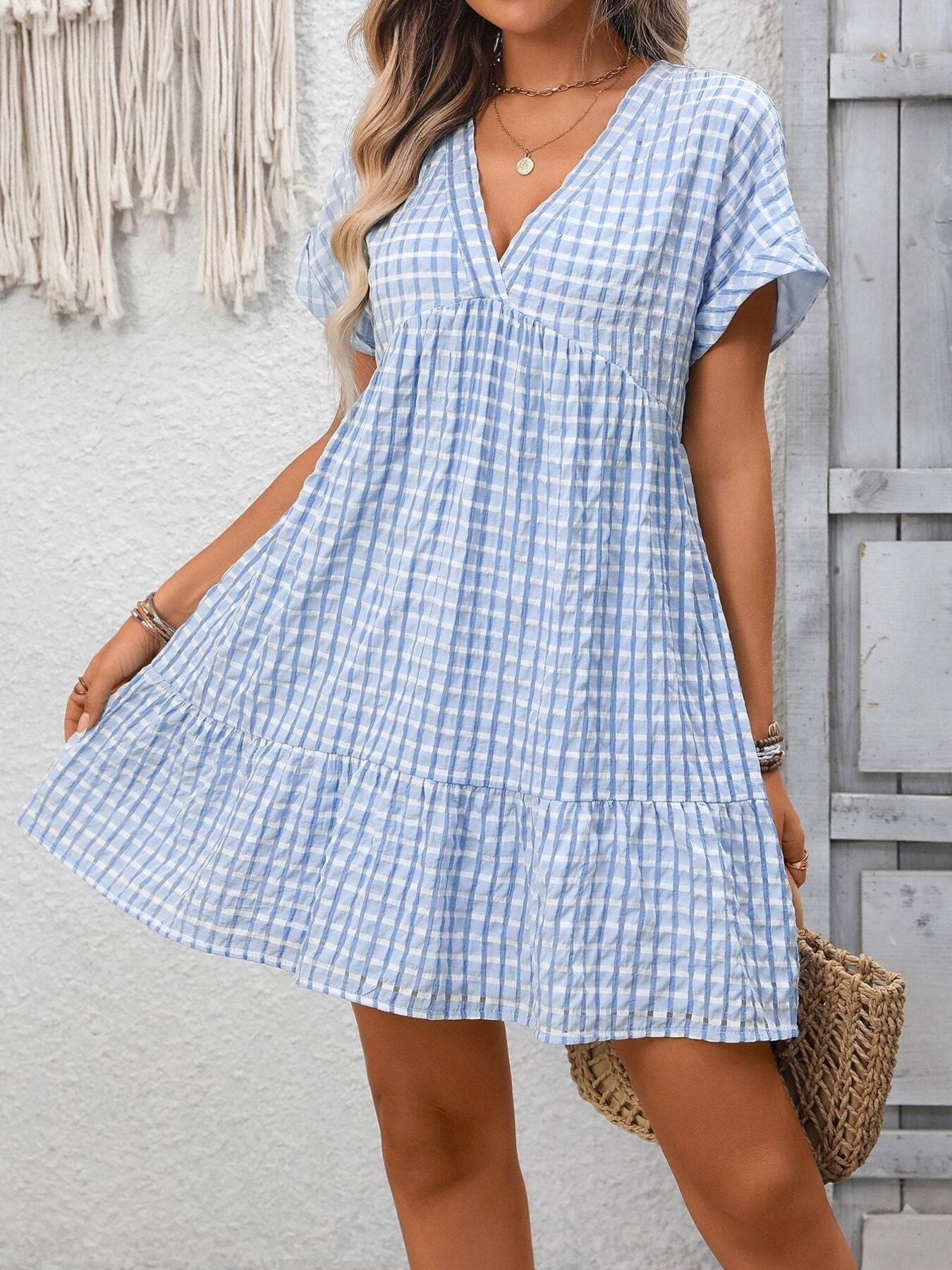 Plaid V-Neck Ruffle Hem Mini Dress