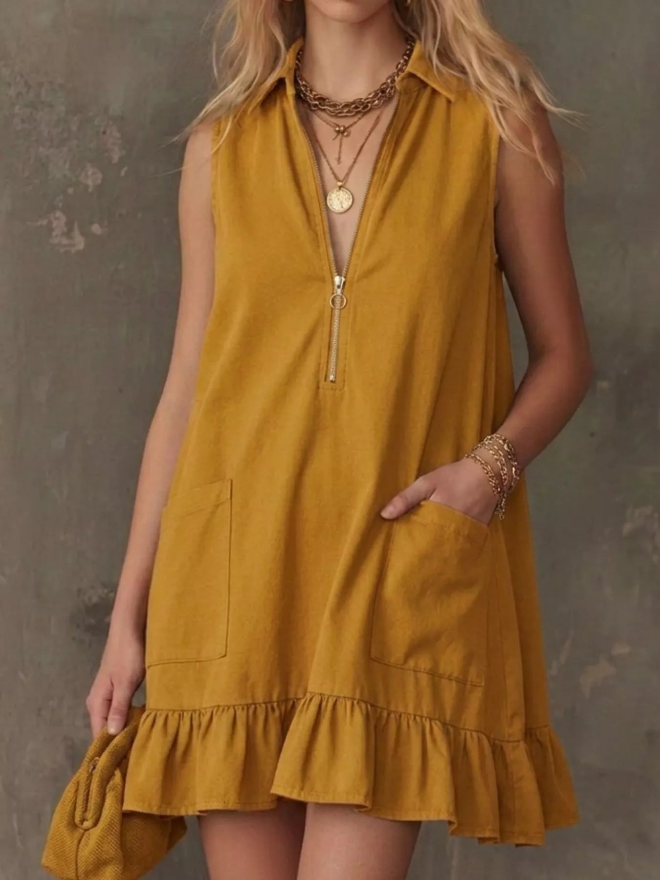 Sleeveless Collared Zip-Front Ruffle Hem Dress