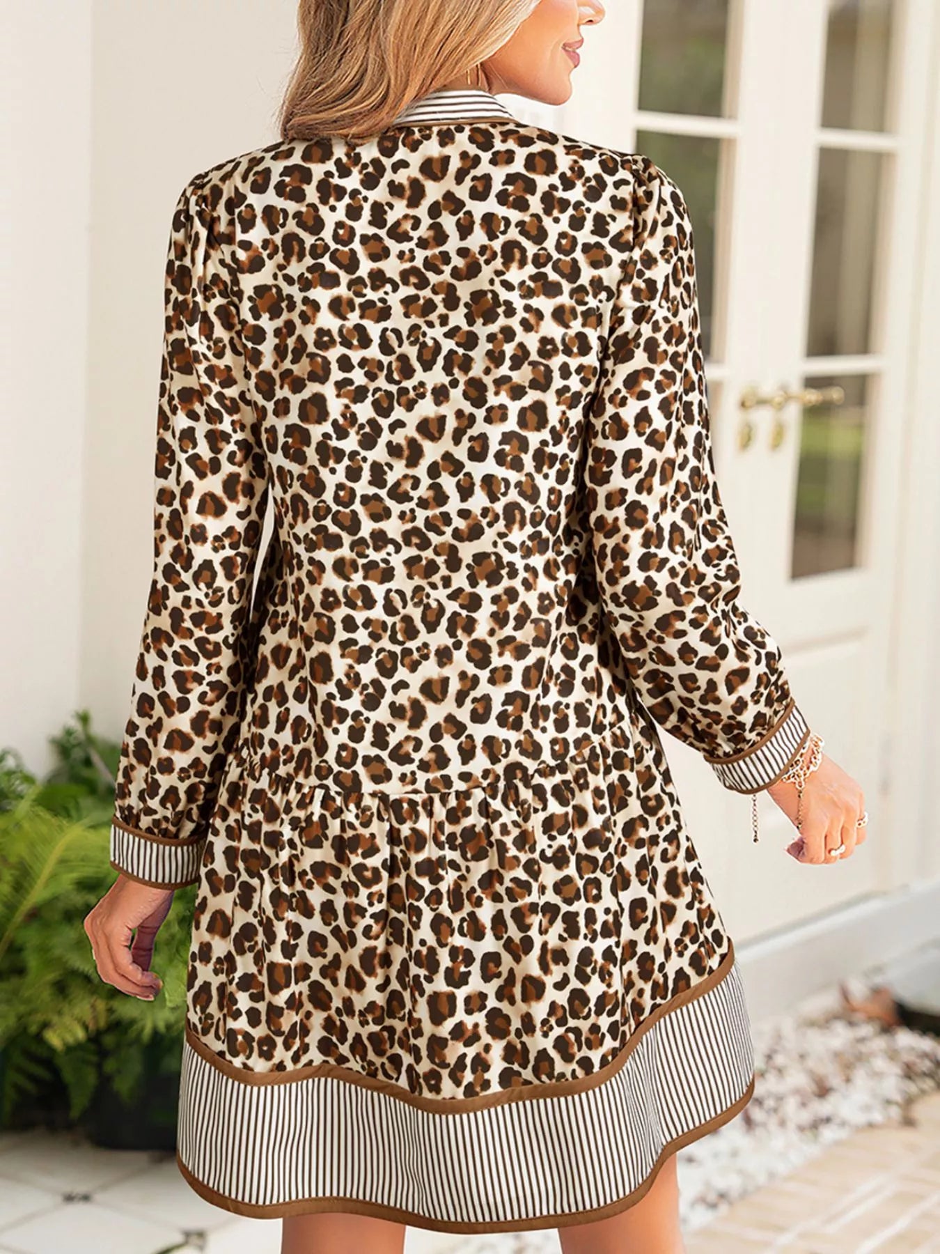 Leopard Print Striped Patchwork 3/4 Sleeve Loose Mini Dress