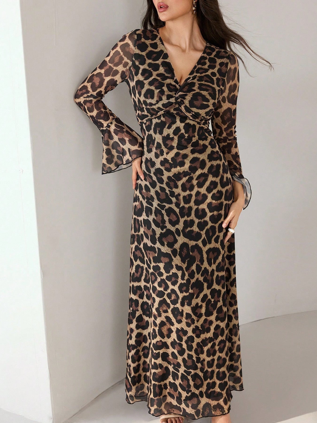 Leopard Print Flare Sleeve Maxi Dress