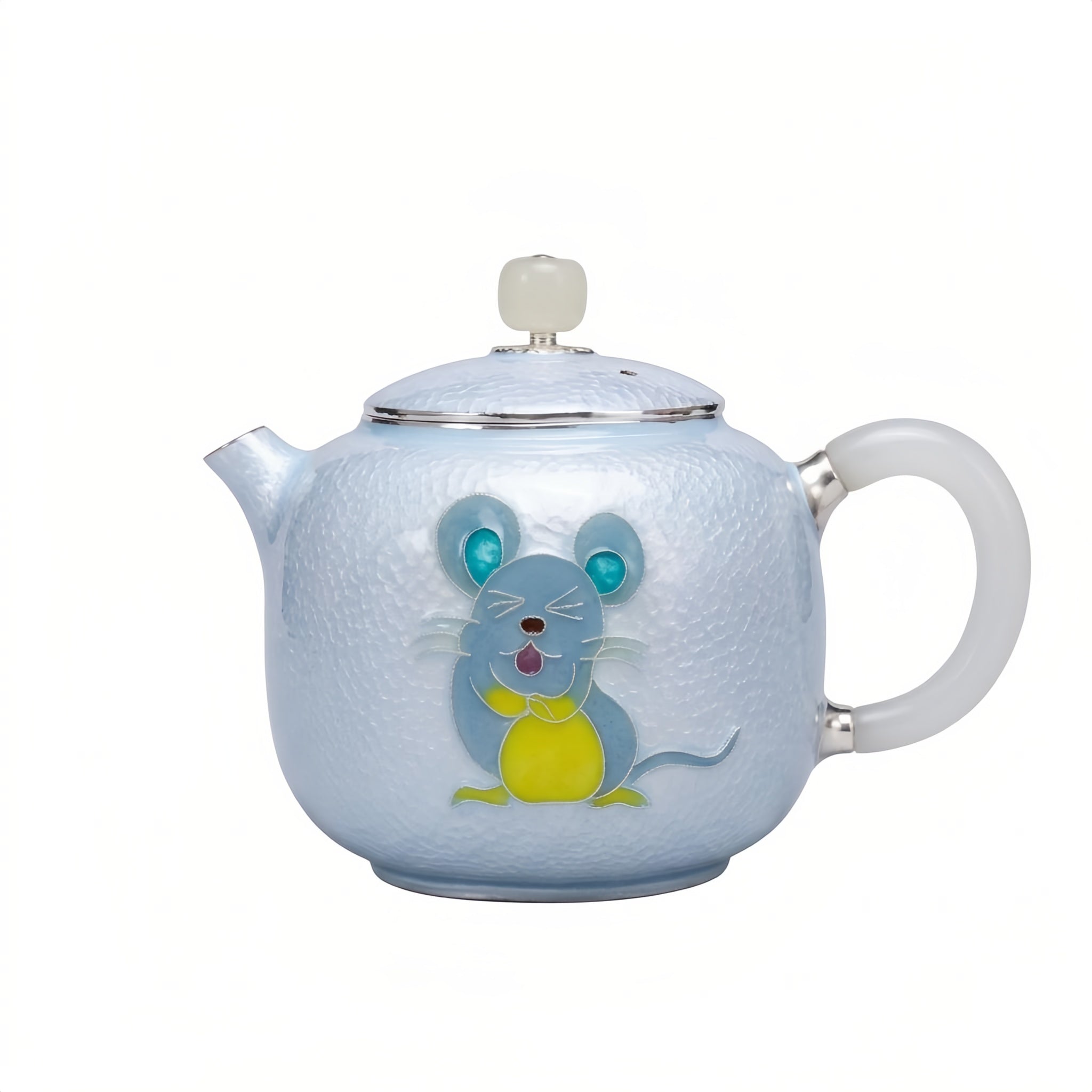 Pure 999 Fine Silver Artistic Blue Enamel Silver Teapot with Playful Mouse Motif and Jade Accents - Handicraft