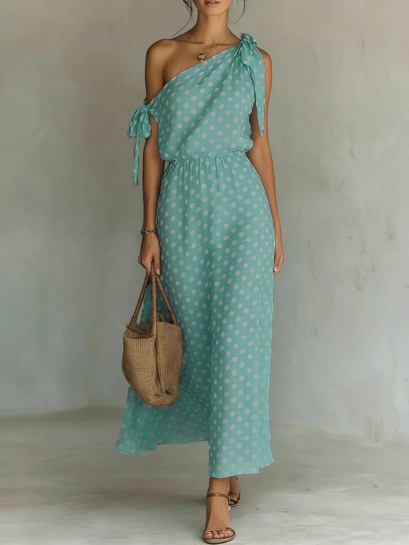 Full Size Polka Dot One-Shoulder Maxi Dress Plus Size