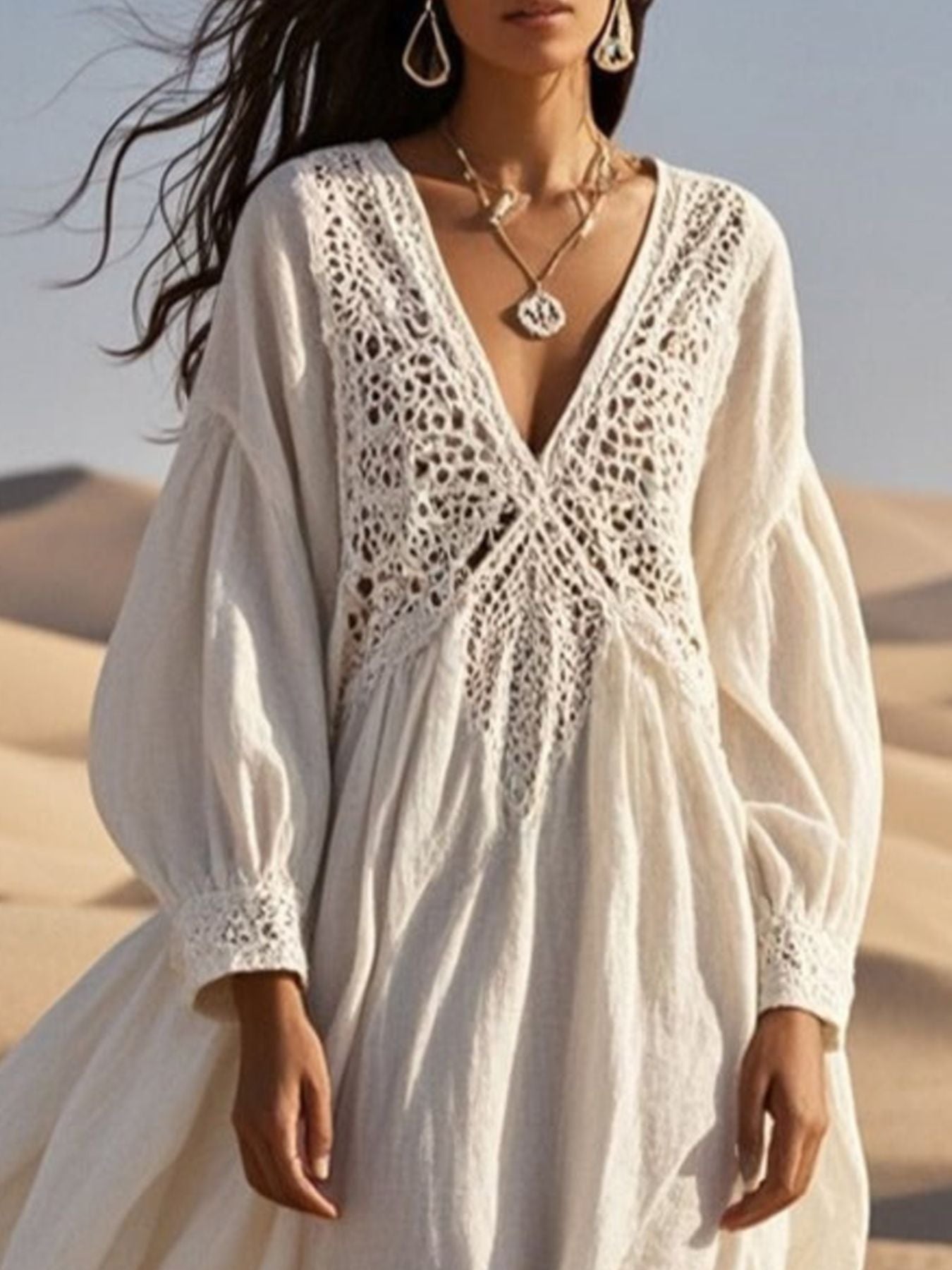 Crochet Trimmed V-Neck Midi Dress