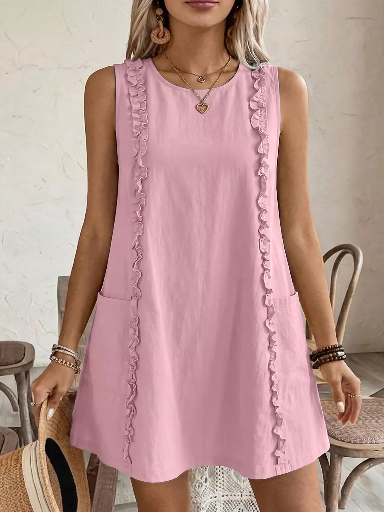 Frill Sleeveless Round Neck Dress