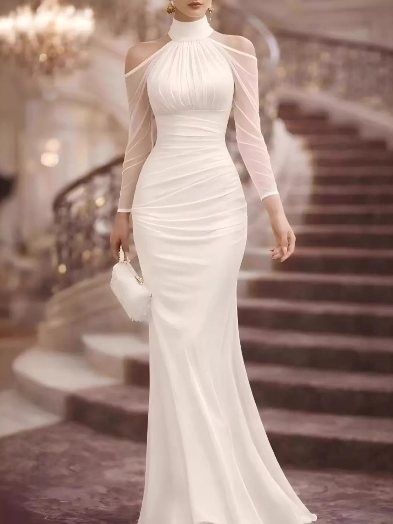 Cold Shoulder Mesh Sleeve Maxi Dress