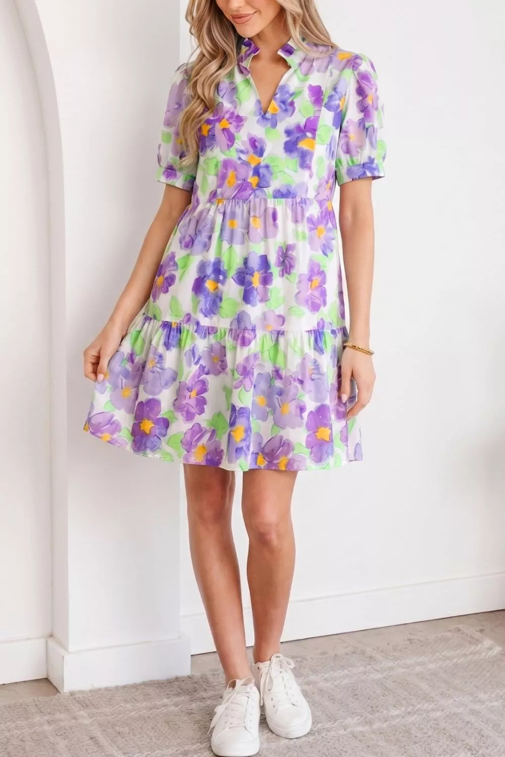 Floral V Collar Short Sleeve Tiered Ruffle Mini Dress