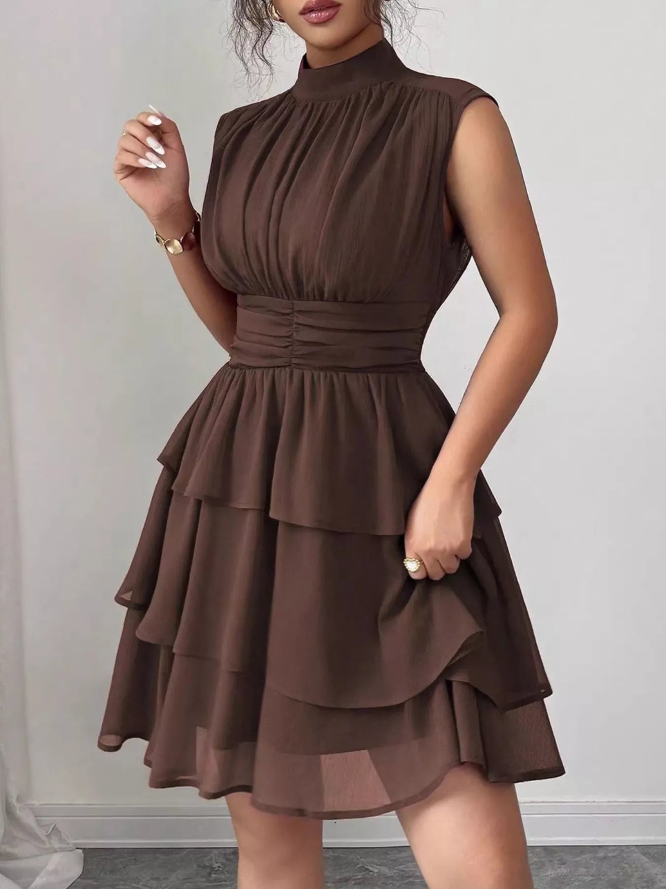Sleeveless Mock Neck Layered Ruffle Dress