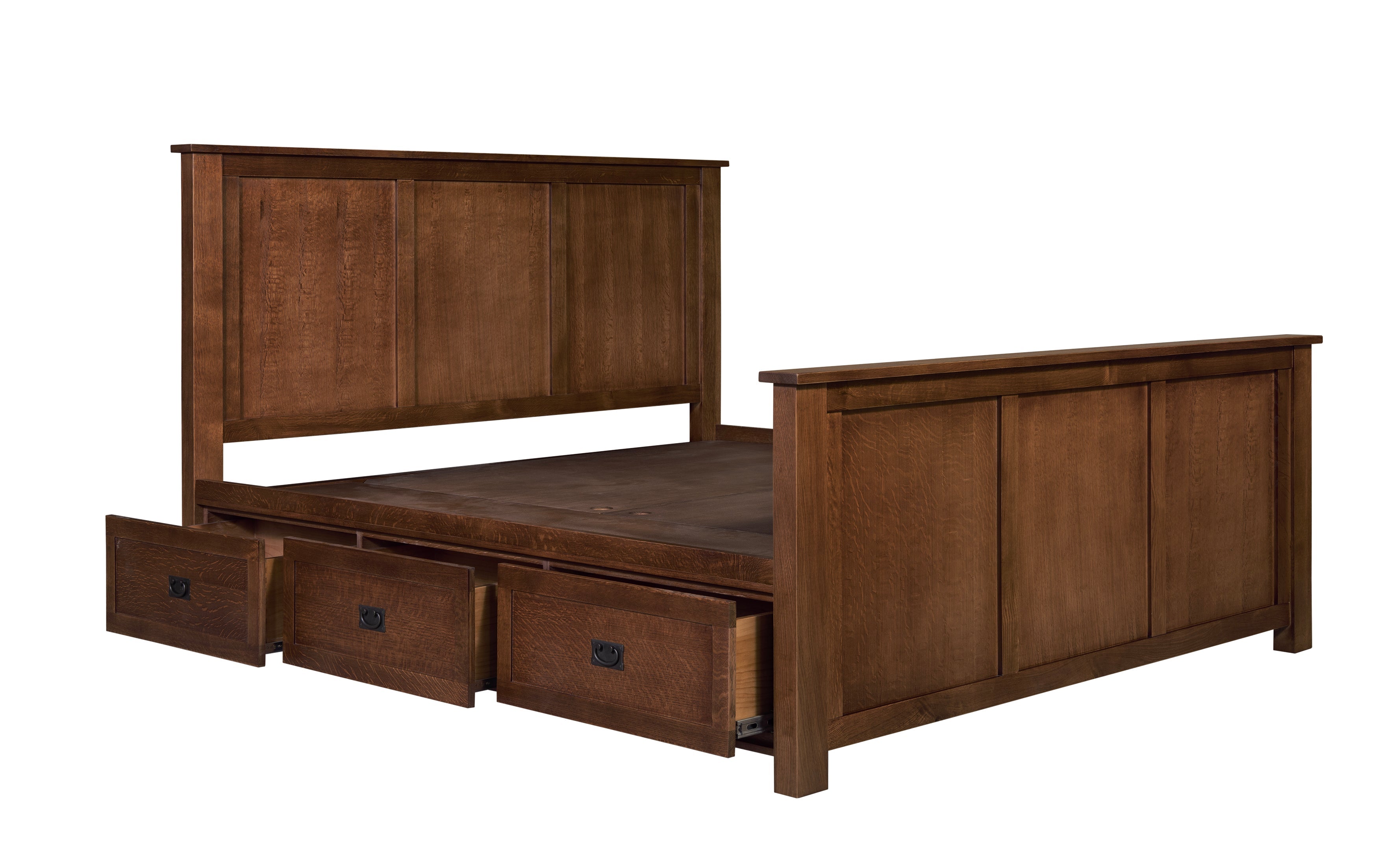 Mission Oak Storage Panel Bed with Three Drawers: Walnut stain