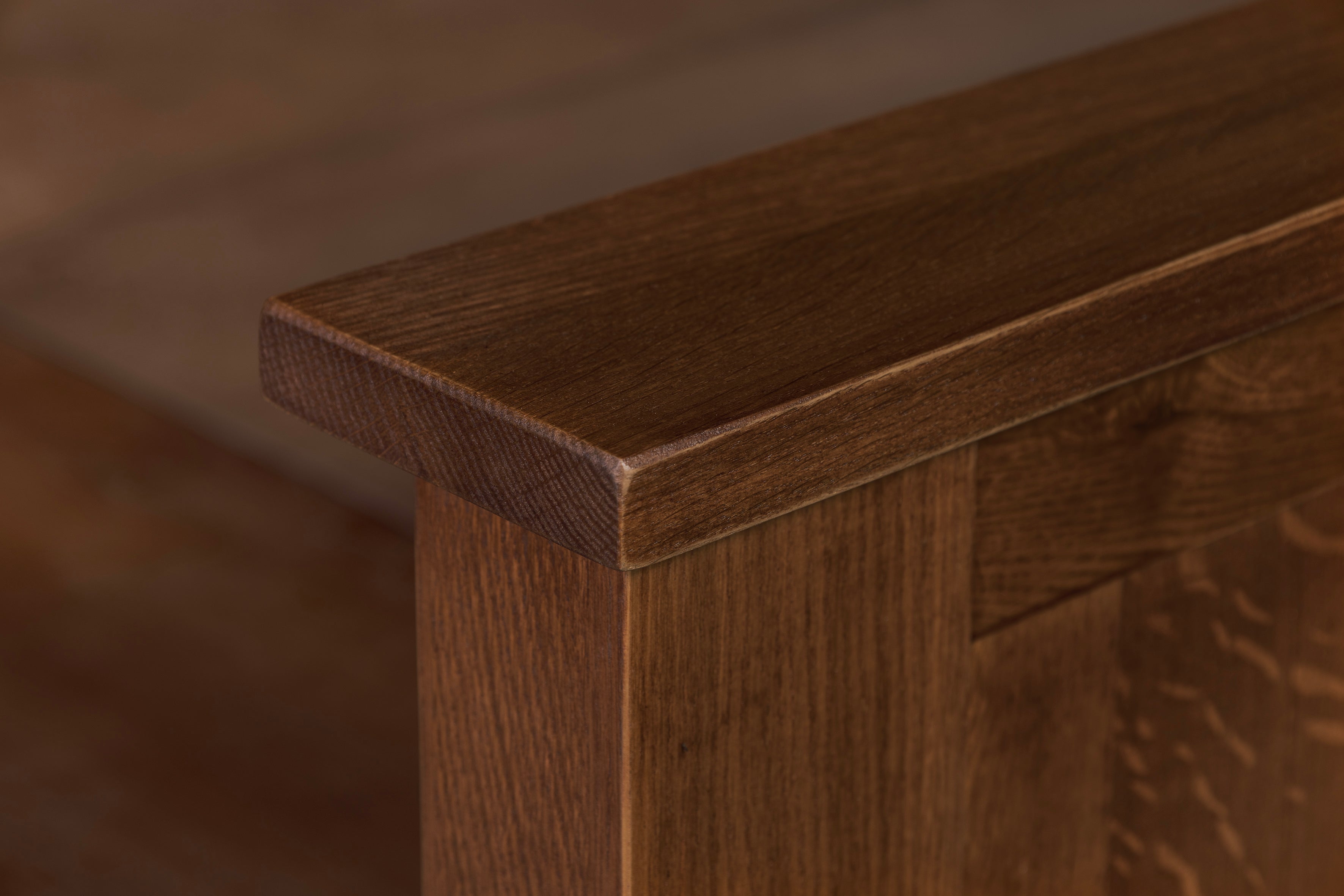 Mission Oak Storage Panel Bed with Three Drawers: Walnut stain