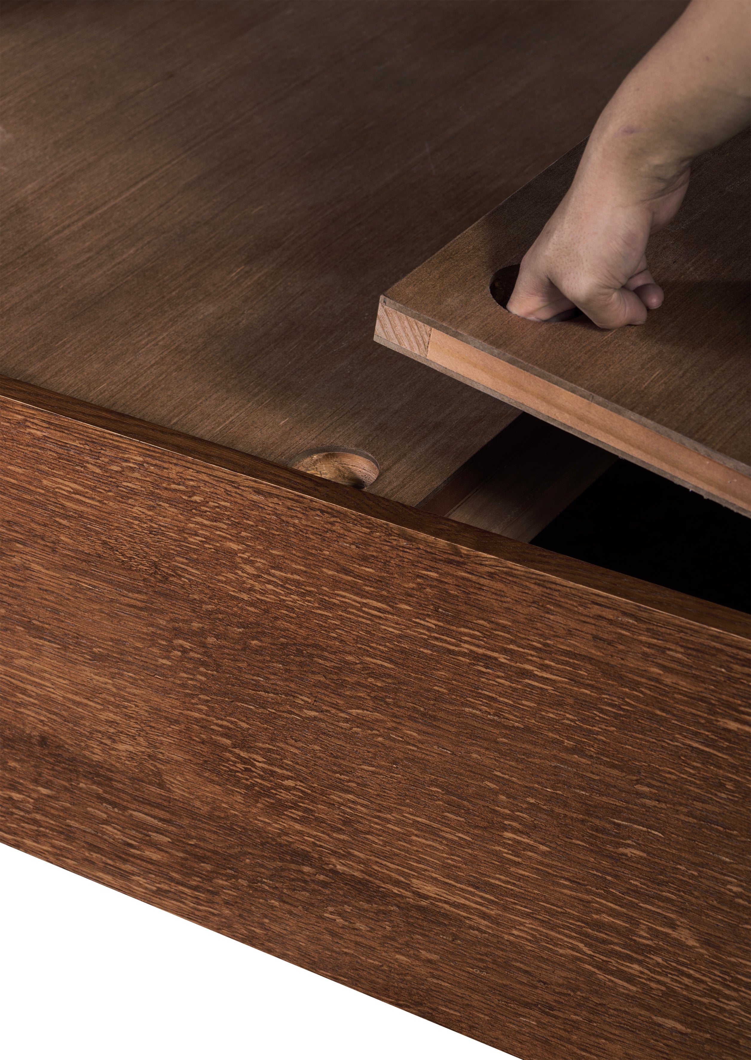 Mission Oak Storage Panel Bed with Three Drawers: Walnut stain