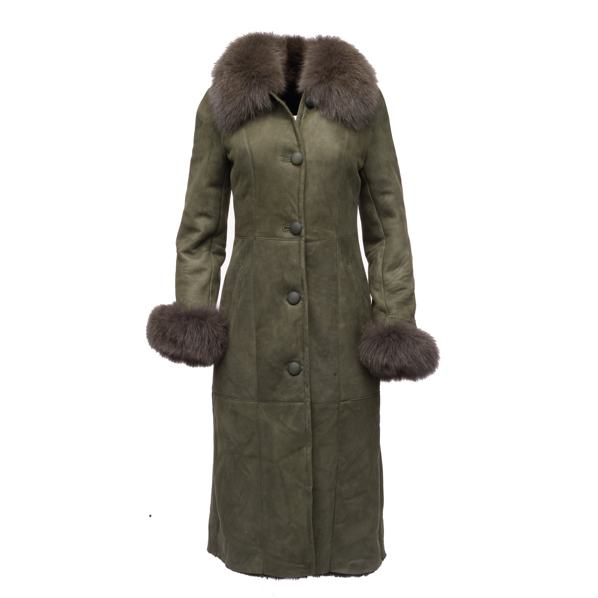 Caitlan’s Shearling Sheepskin Long Coat with Fox Fur Trim