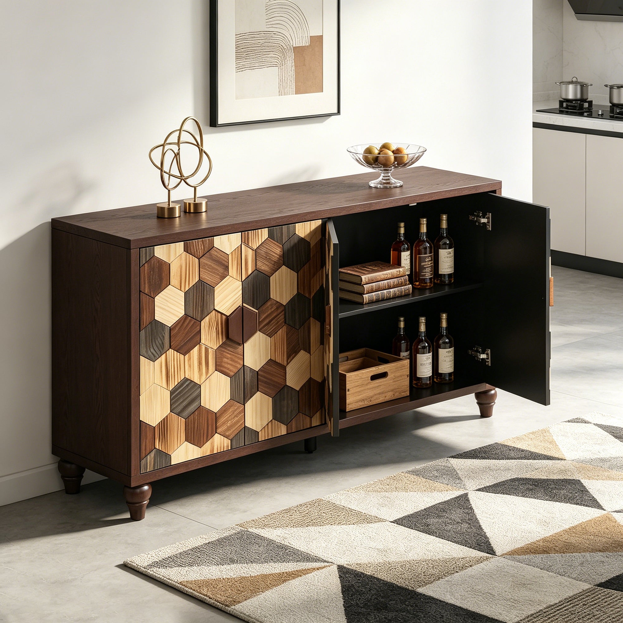 59.8" Sideboard With Honeycomb Pattern, Modern Accent Cabinet