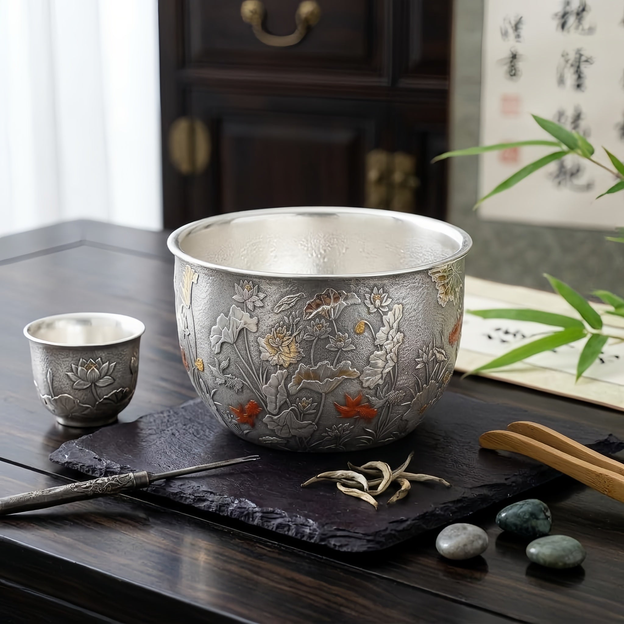 925 Sterling Silver Artisanal Silver Bowl Featuring Ornate Lotus Garden and Swimming Red Fish - Handicraft