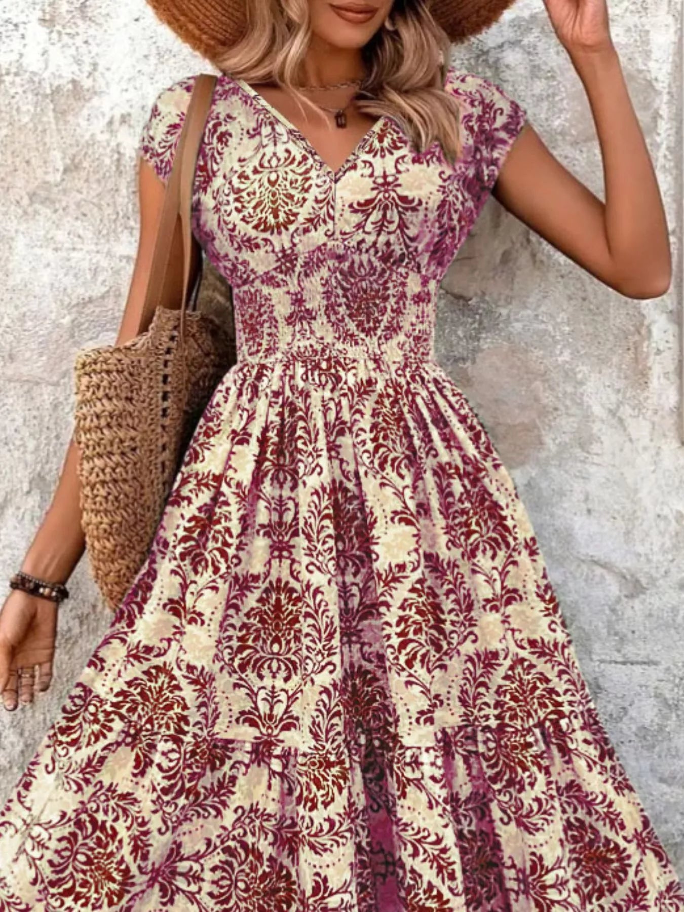 Full Size Printed V-Neck Tiered Maxi Dress Plus Size