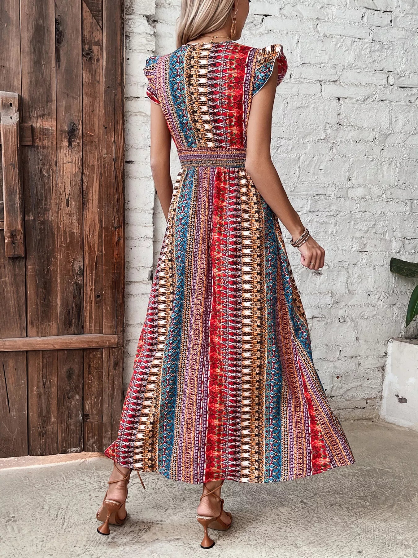 Boho Print Ruffle Sleeve Slit Dress