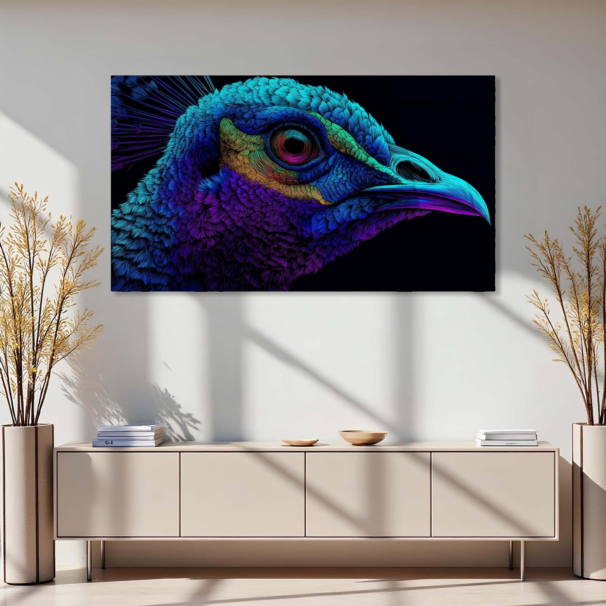 Neon Peacock Portrait Tempered Glass Wall Art | Custom Large Glass Wall Decor for Living Room