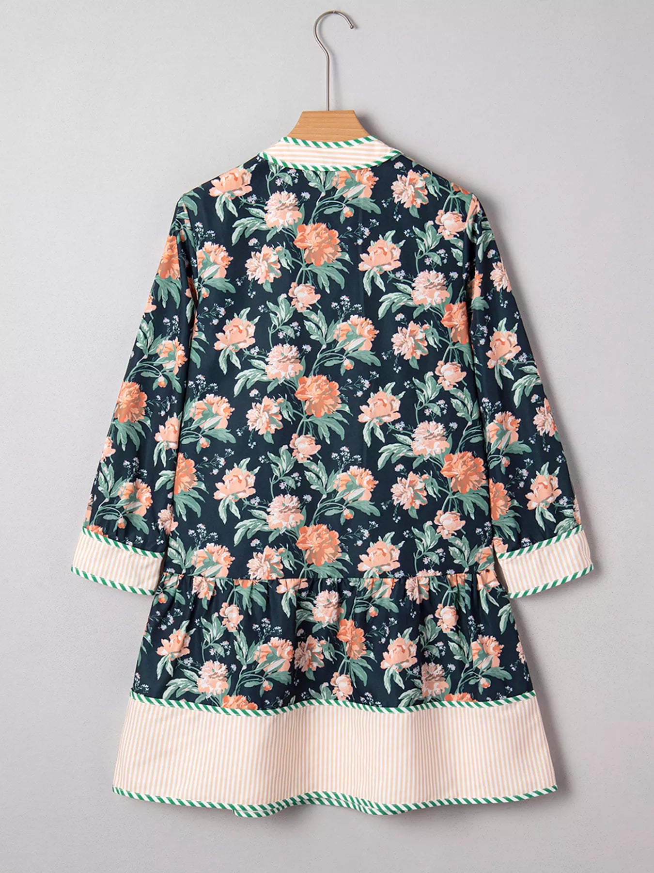 Floral Print Striped Trim V Neck Long Sleeve Ruffle Hem Shift Mini Dress