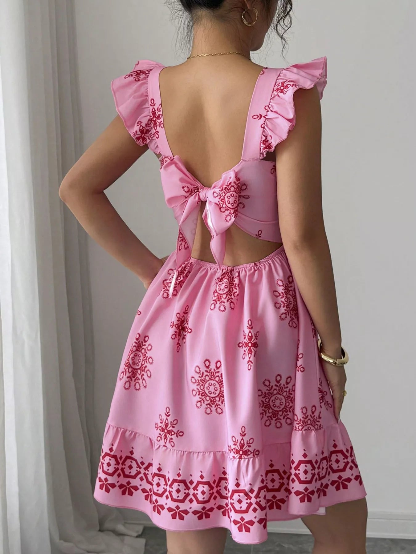Printed Bow Back Square Neck Mini Dress