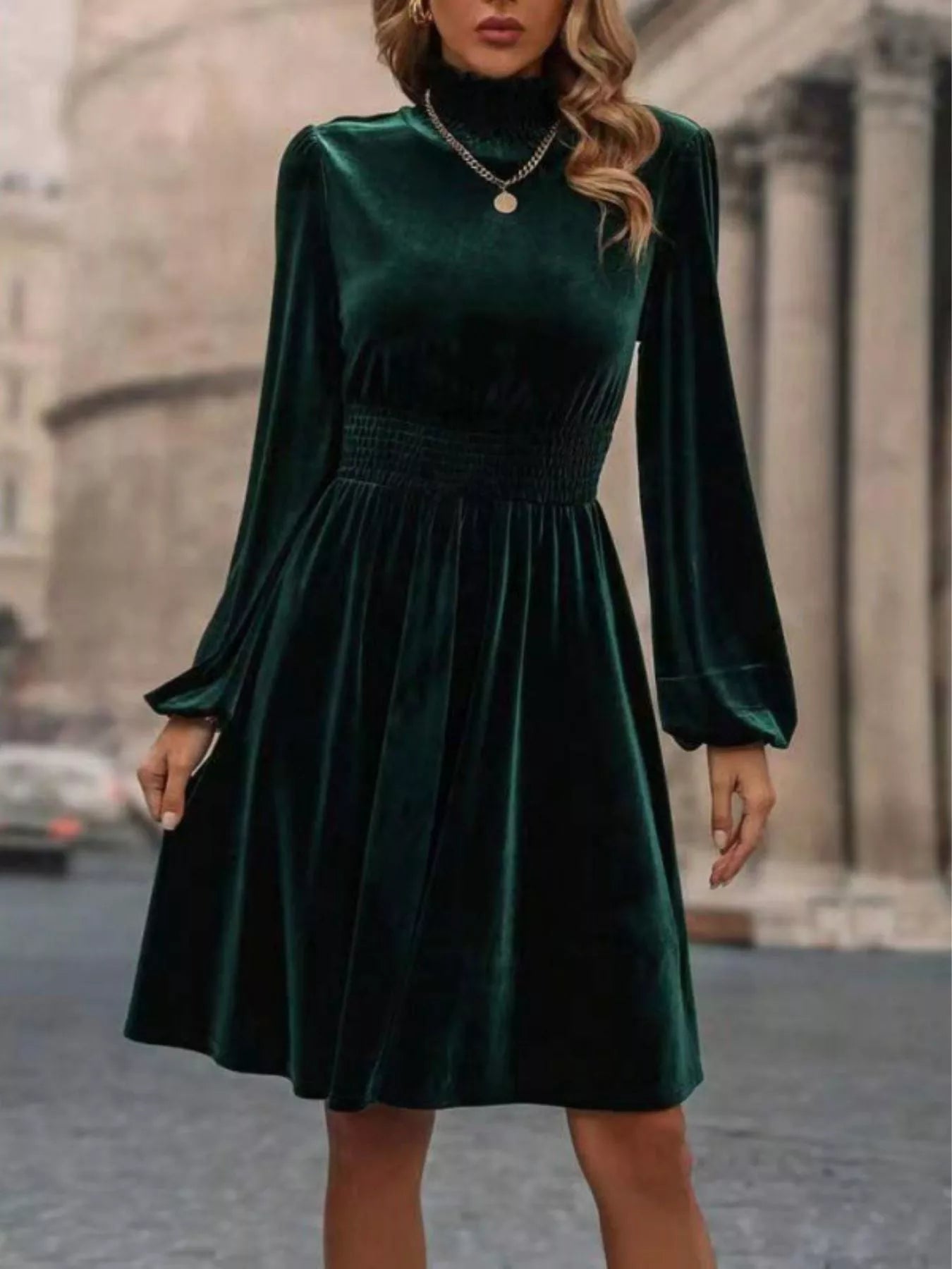 Velvet High Neck Long Sleeve A-Line Dress