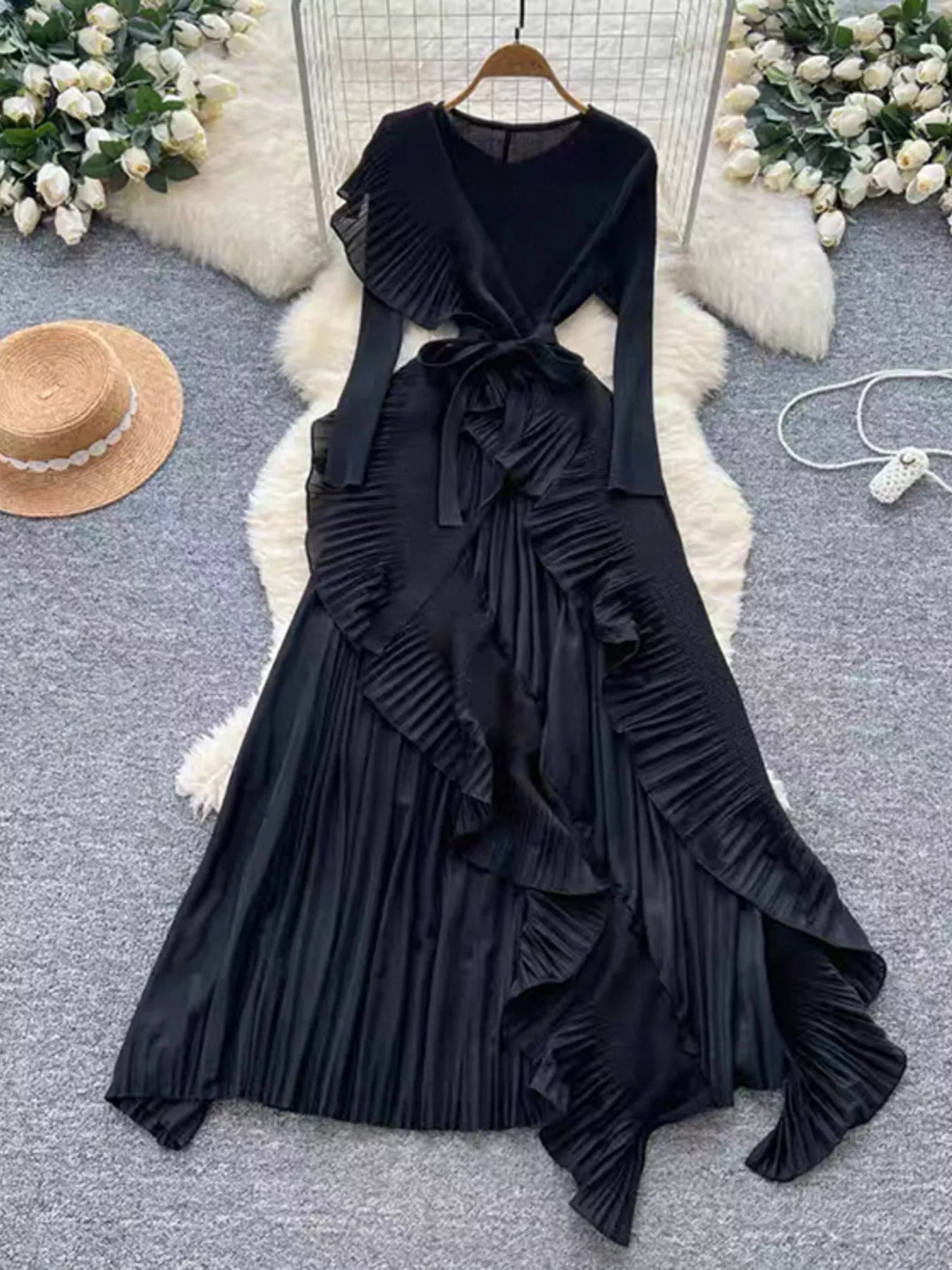 Ruffle Trim Pleated Midi Dress