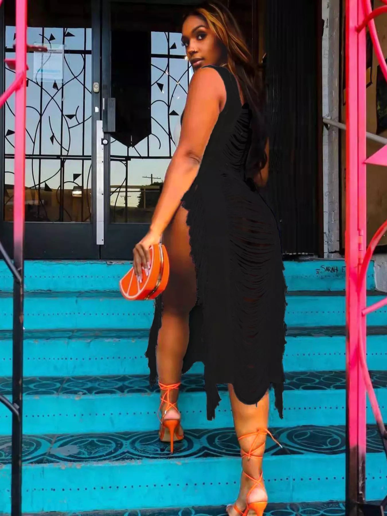 Fringe Split Square Neck Midi Dress