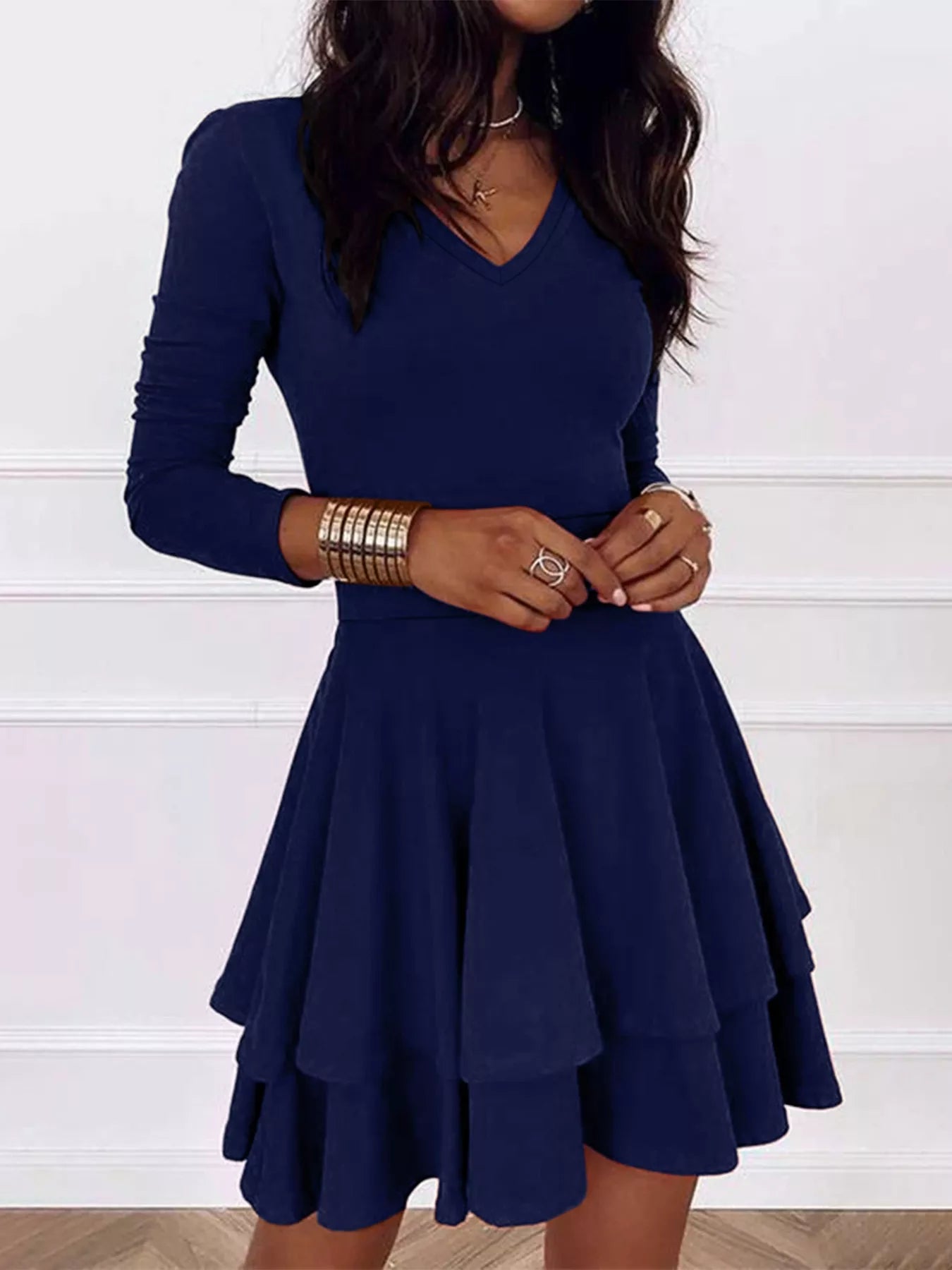 V-Neck Layered Ruffle Mini Dress