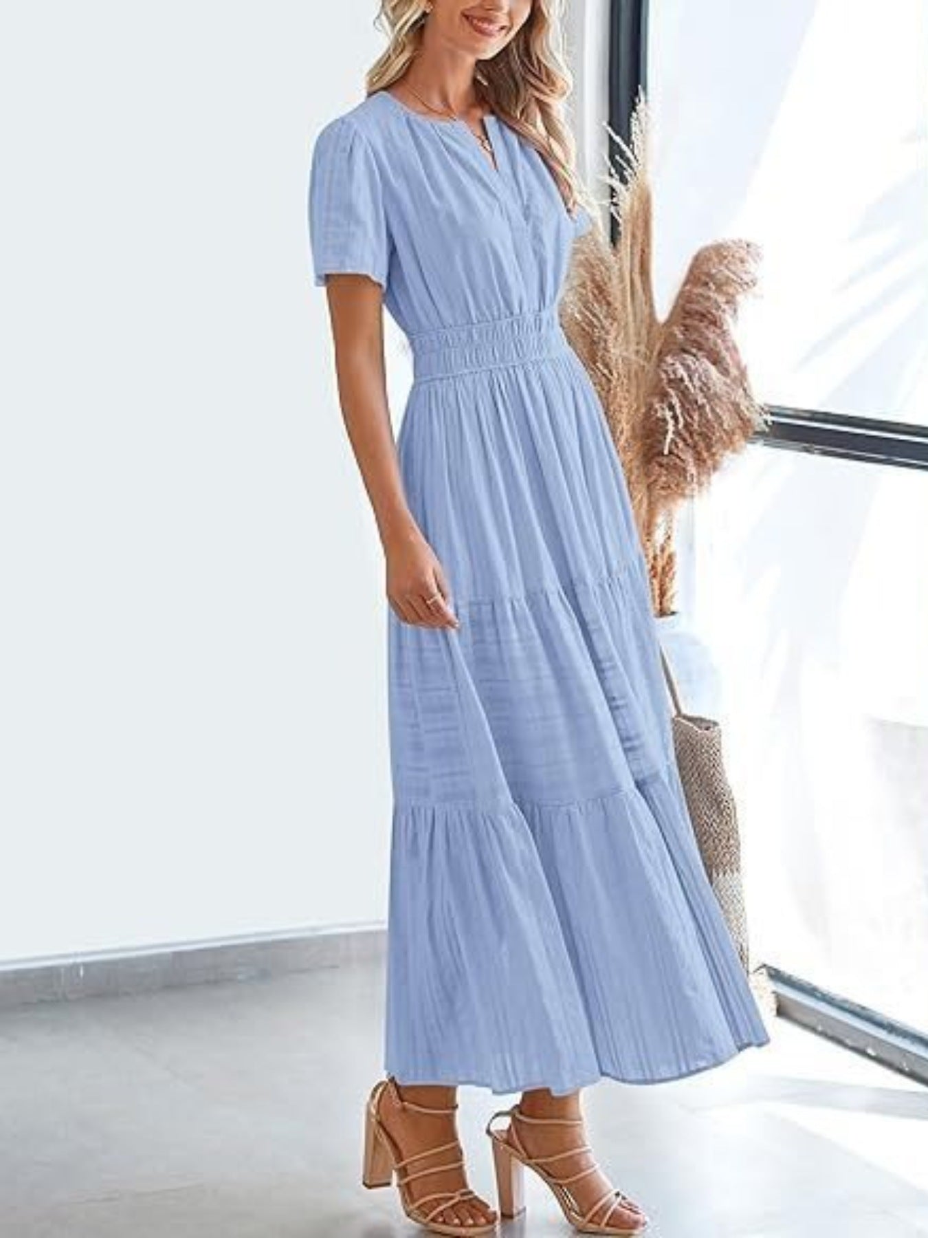 Notched Short Sleeve Tiered Dress