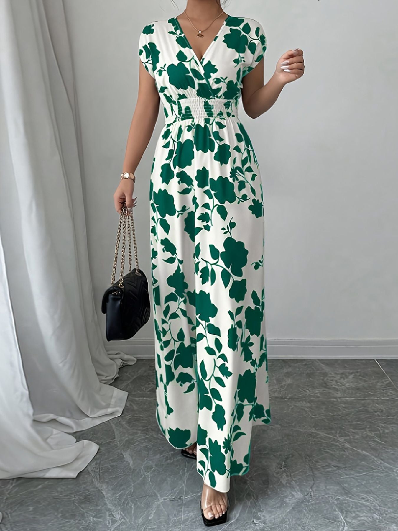 Printed Surplice Cap Sleeve Maxi Dress