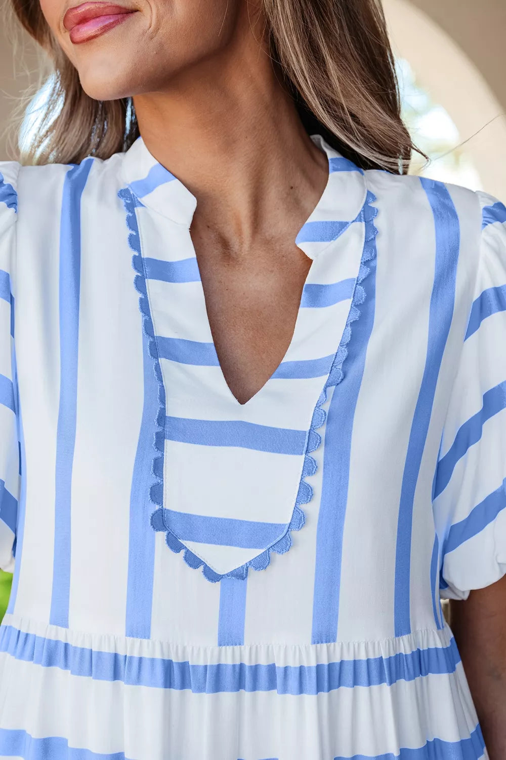 Stripe Ricrac Trim Notched Neck Half Sleeve Vacation Dress