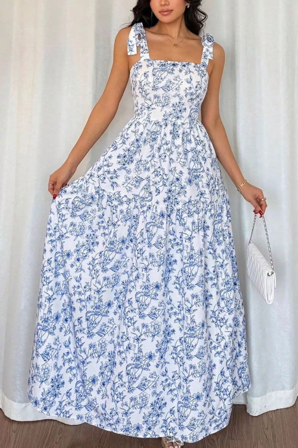Floral Print Knot Straps High Waist Flared Maxi Dress