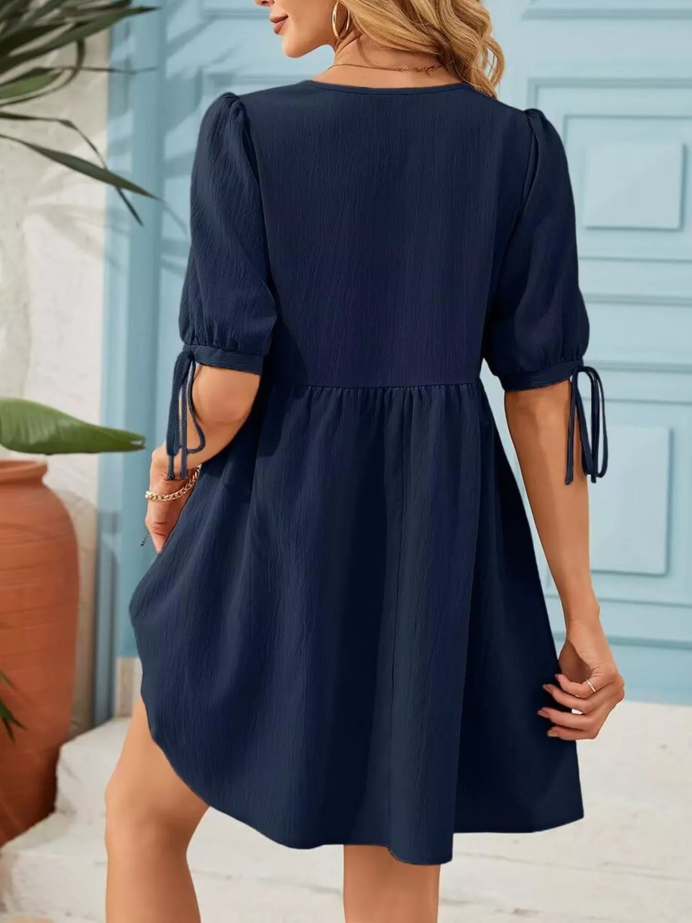 Tie-Neck Puff Sleeve A-Line Mini Dress