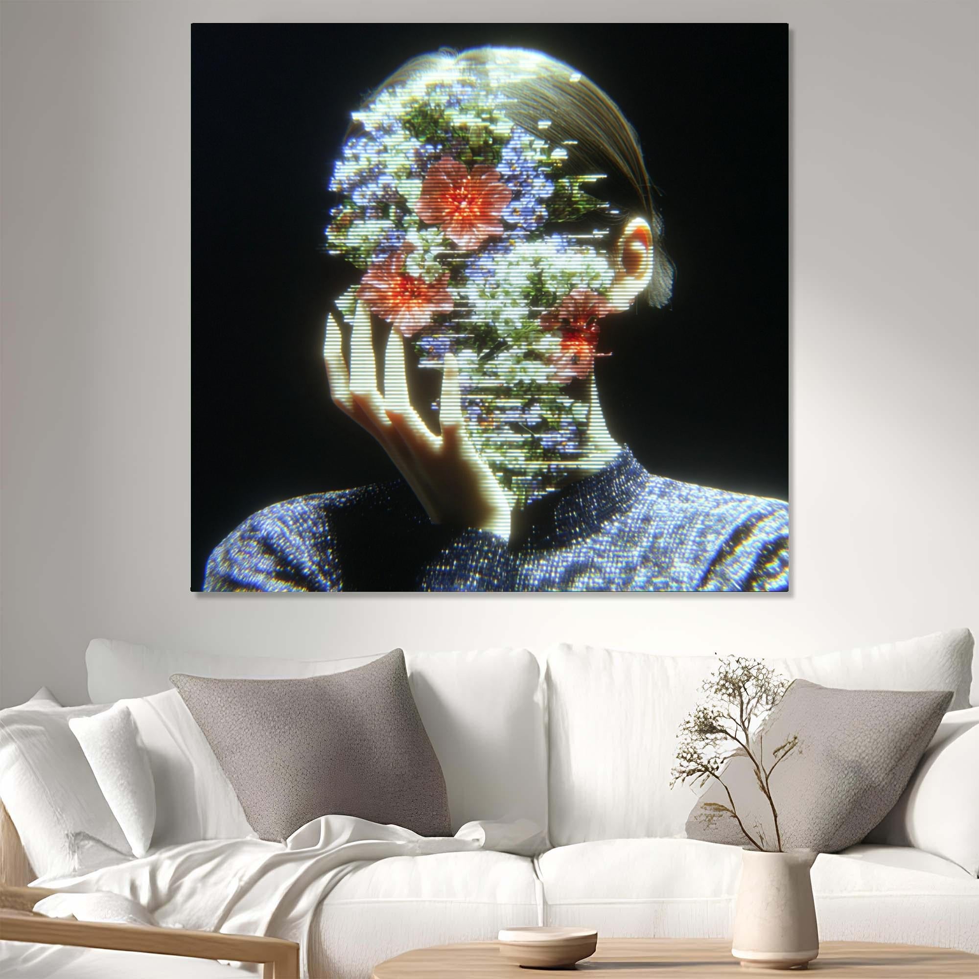 Floral Face Tempered Glass Wall Art | Modern Abstract Portrait Decor
