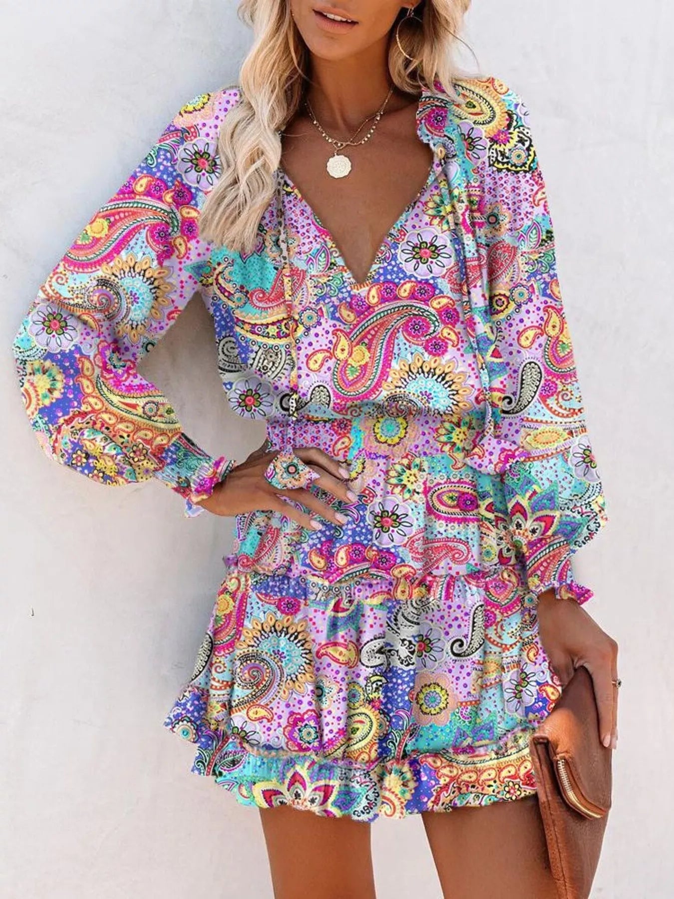 Tie Neck Lantern Sleeve Dress