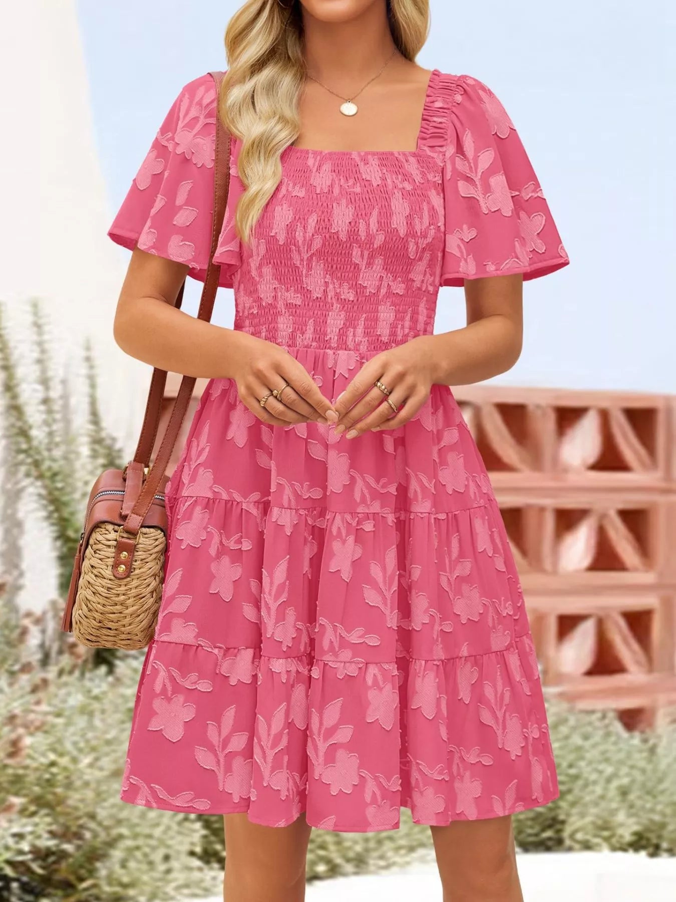 Smocked Square Neck Tiered Mini Dress