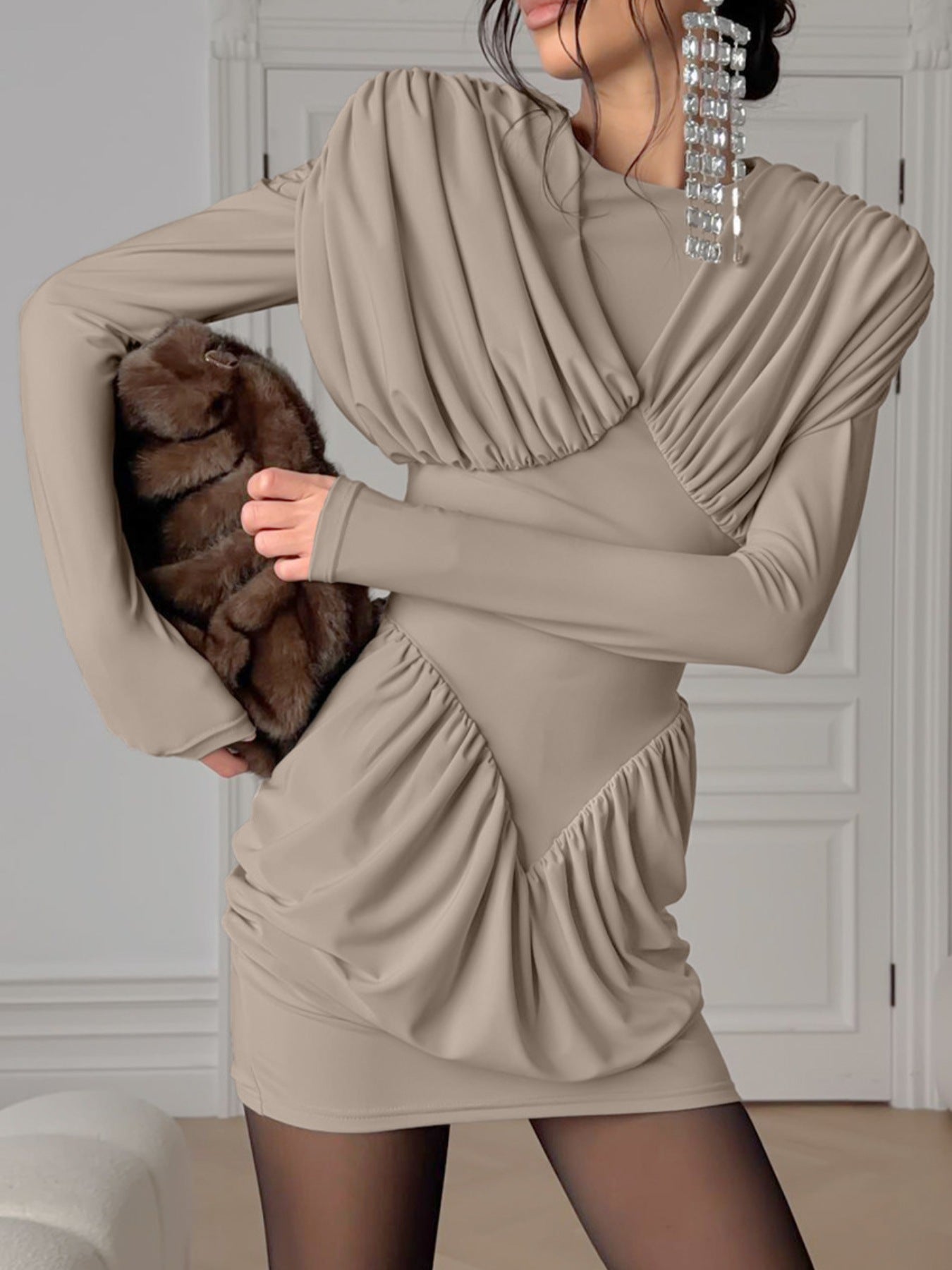 Ruched Long Sleeve Bodycon Mini Dress