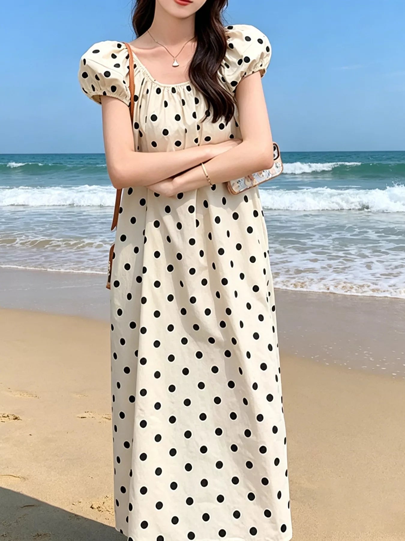 Polka Dot Puff Sleeve Midi Dress