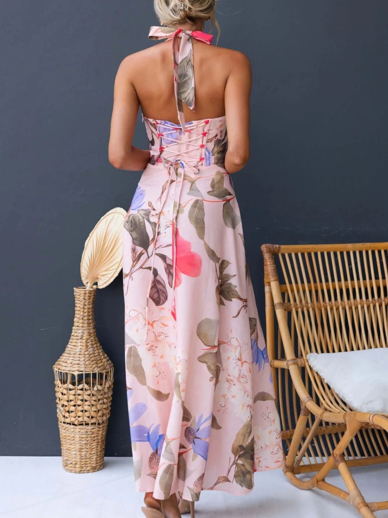 Floral Print Halter Neck Maxi Dress