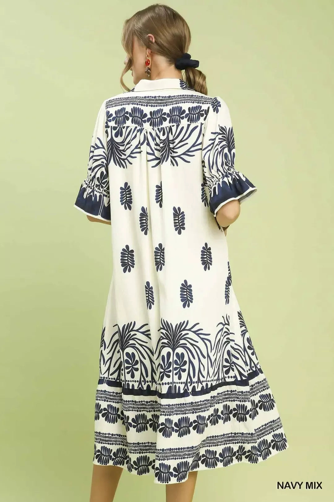 Umgee Border Print Midi Dress with Puff Sleeves
